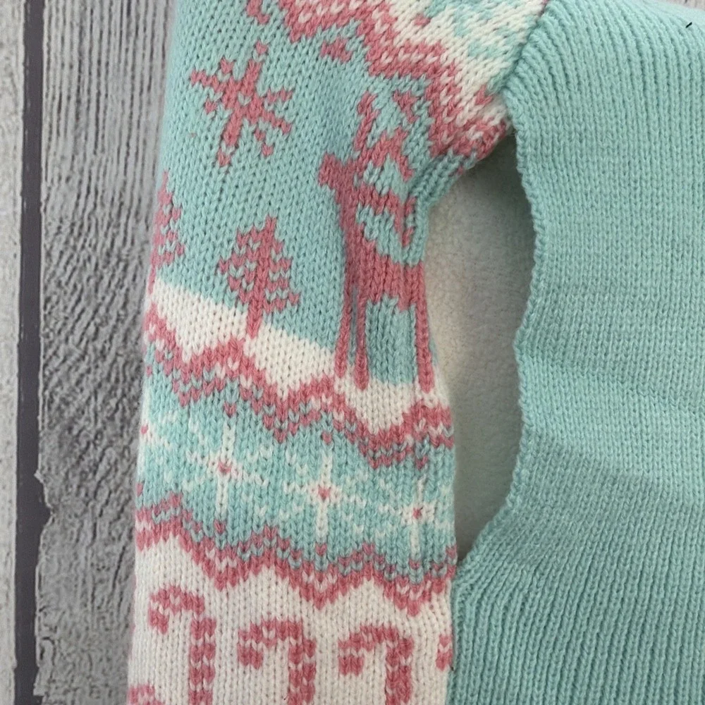 Fair Isle Dog Sweater LARGE Pink Aqua Nordic Hooded Reindeer Candy Canes Winter